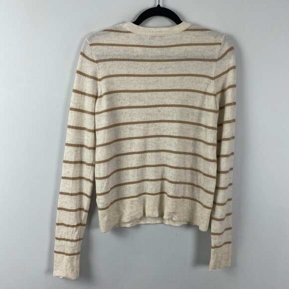 Vince 100% Cashmere Crew Neck Sweater Womens L Beige Tan Stripe Pullover Slim - Picture 6 of 10